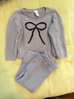 Carter's Blue Gray Knit Sweater Set with Black Bow Detail